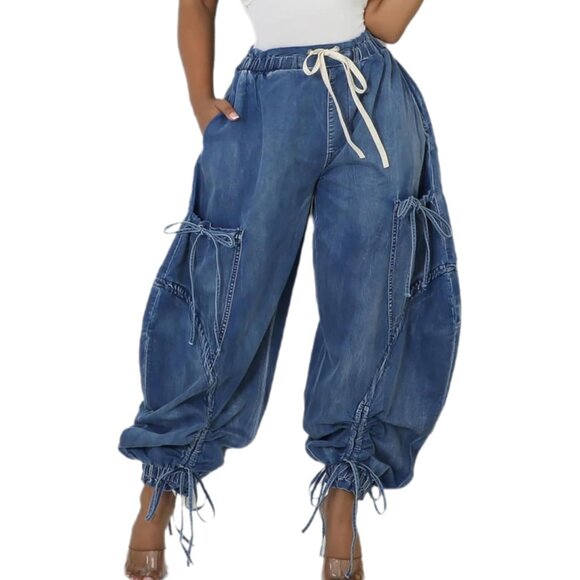 Women's Plus Size Wide Leg Baggy Jeans Stretch Denim Casual Streetwear - Picture 1 of 4